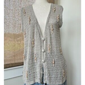 Vintage 90s I.B. Diffusion Vest Women's Small Fisherman‎ Knit Tan Crochet Linen